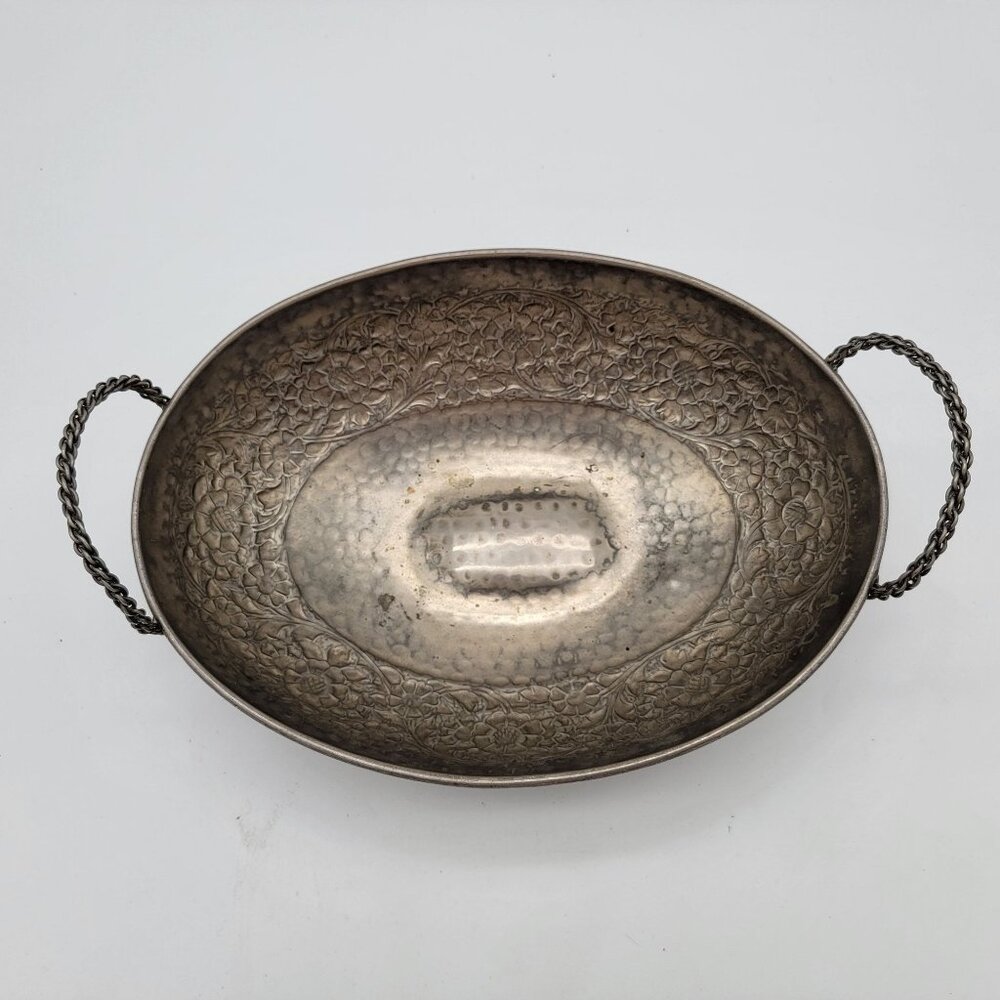 Antique Silver-Plated Floral Engraved Oval Dish With Braided Handles